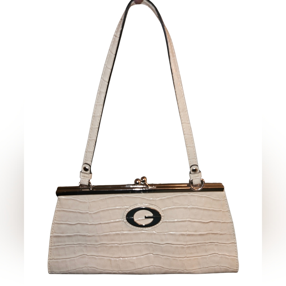 Vintage Y2K Guess Cream Croc Embossed Faux Leather Top Handle Baguette Bag